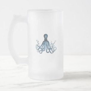 Octopus kraken nautical coastal beach ocean blue frosted glass beer mug