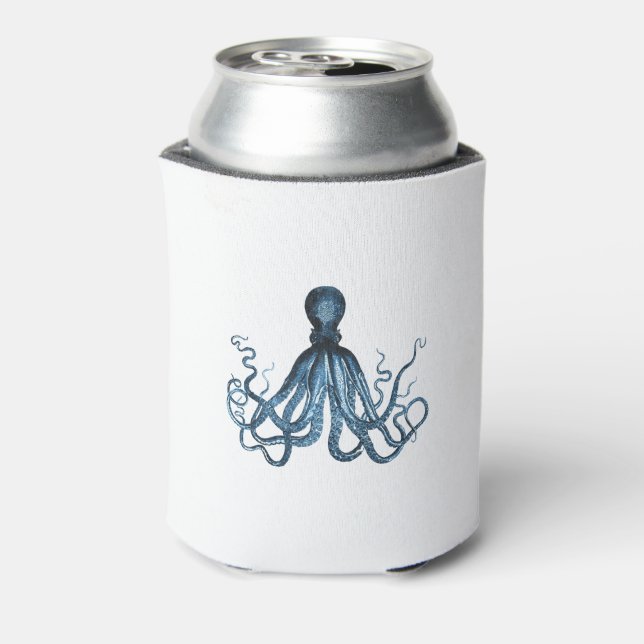 Octopus kraken nautical coastal ocean beach blue can cooler (Can Back)