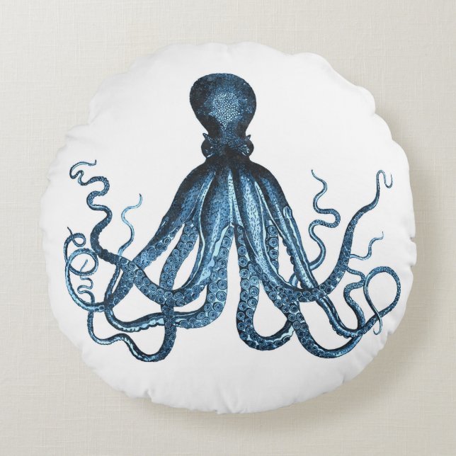 Octopus kraken nautical coastal ocean beach blue round cushion (Front)