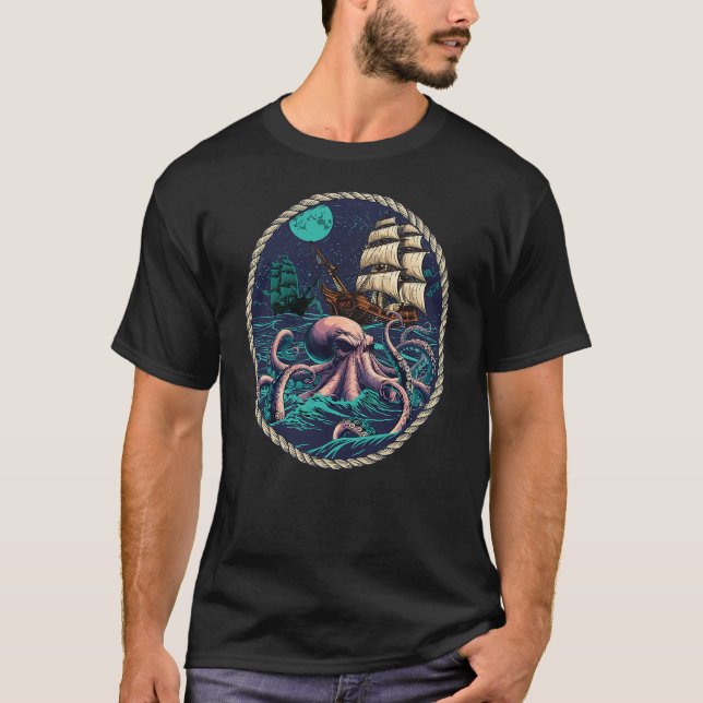 Octopus Kraken Pirate Ship - Buccaneer Freebooter T-Shirt (Front)