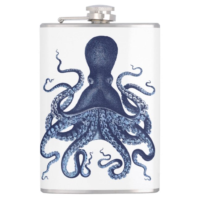 Octopus, Kraken, vintage, engraving , nautical, ma Hip Flask (Front)