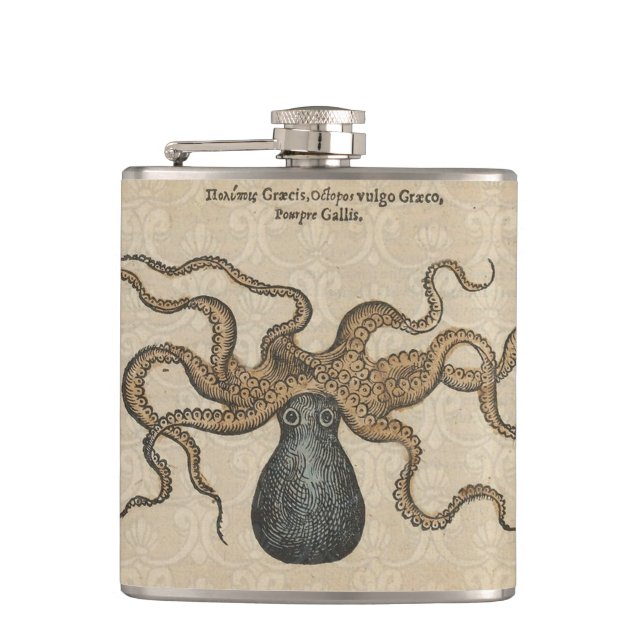 Octopus Kraken Vintage Illustration Hip Flask (Front)