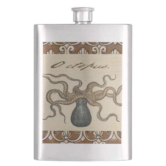 Octopus Kraken Vintage Illustration Hip Flask (Front)
