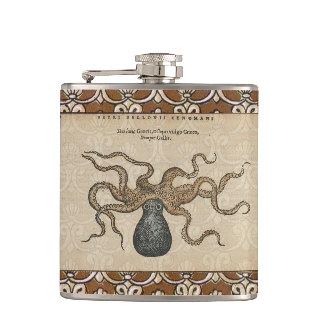 Octopus Kraken Vintage Illustration Hip Flask (Front)