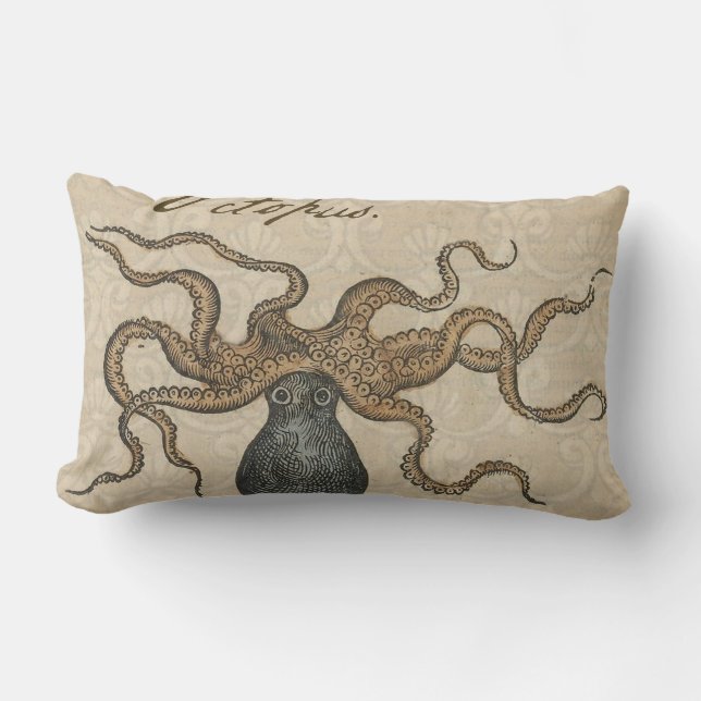 Octopus Kraken Vintage Illustration Lumbar Cushion (Front)