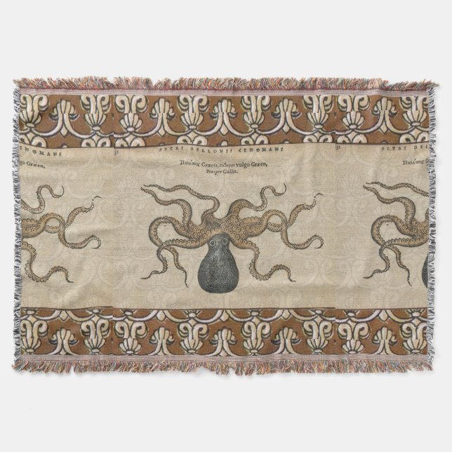 Octopus Kraken Vintage Illustration Throw Blanket (Front)