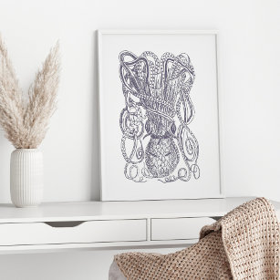 Octopus Line Art Drawing Block Print in Purple
