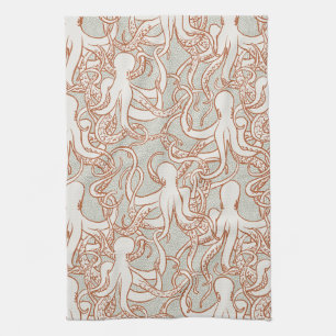 Octopus Line Art Modern Coastal (Orange & Gray) Tea Towel