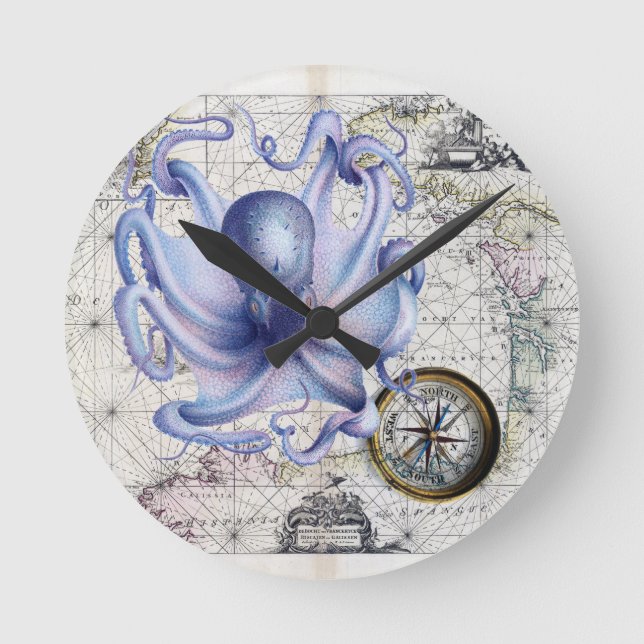 Octopus Map Nautica Round Clock (Front)