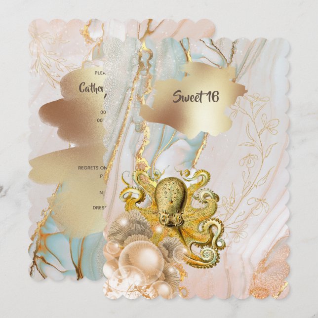 Octopus marine gold elegant Quinceanera party Invitation (Front/Back)