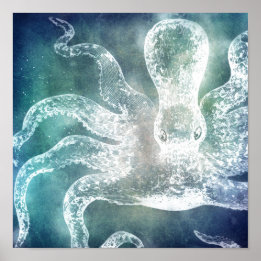 Octopus Midnight Blue Teal Watercolor Vintage Art Poster