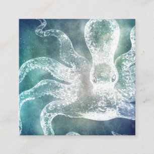 Octopus Midnight Blue Teal Watercolor Vintage Art Square Business Card