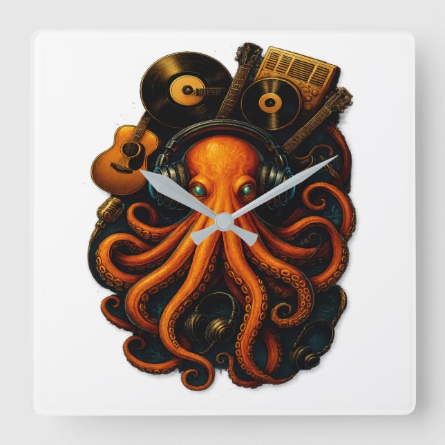 "Octopus Music Wall Clock – Steampunk Art Decor wi (Front)