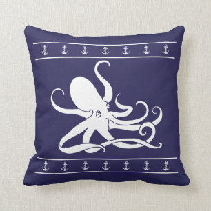 Octopus Nautical Anchor navy Blue Throw Pillow