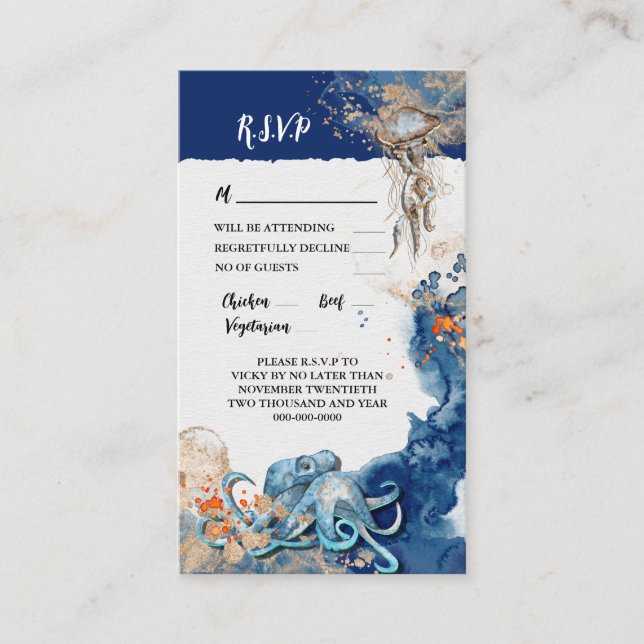 Octopus nautical navy orange beach wedding RSVP  Advice Card (Front)