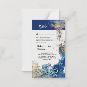 Octopus nautical navy orange beach wedding RSVP  Advice Card