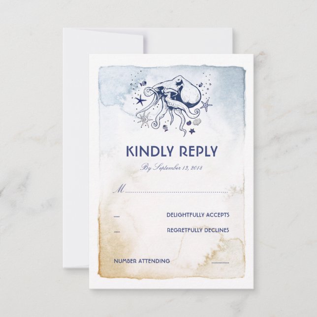 Octopus Nautical Navy Watercolors Wedding RSVP (Front)
