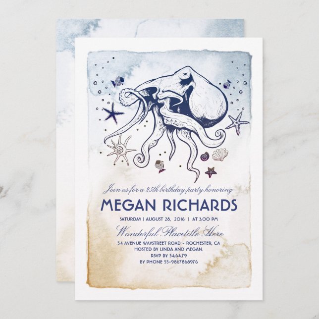 Octopus Nautical - Under the Sea Birthday Party Invitation (Front/Back)