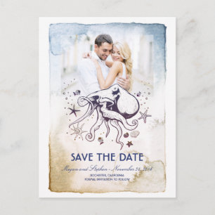 Octopus Nautical Watercolors Photo Save the Date Announcement Postcard