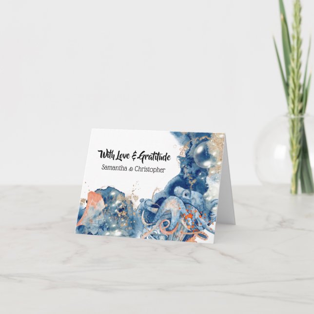 Octopus navy blue orange wedding thank you beach (Front)