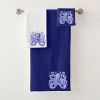 Octopus Navy Blue White Nautical Coastal Under Sea