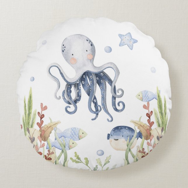 Octopus Nursery Decor, Under the Sea Round Cushion (Front)