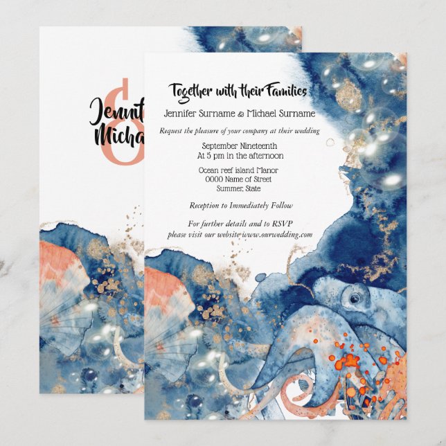 Octopus ocean navy orange splash beach wedding invitation (Front/Back)