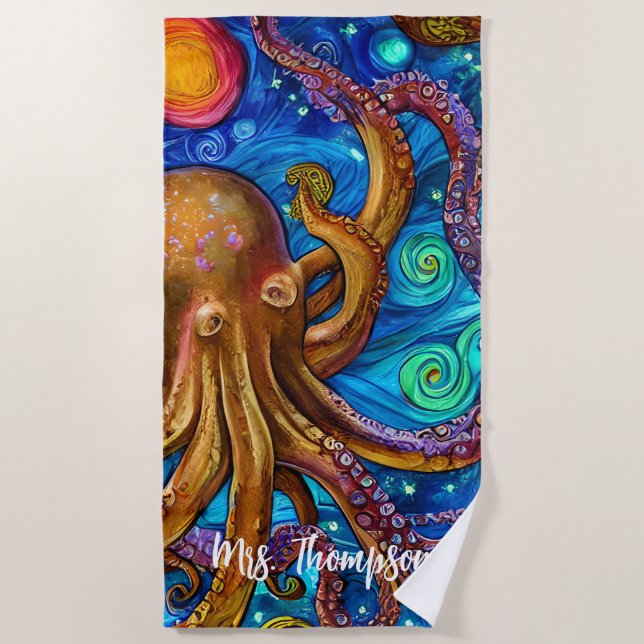 Octopus Ocean Sea Animal Personalised Name Beach Towel (Front)