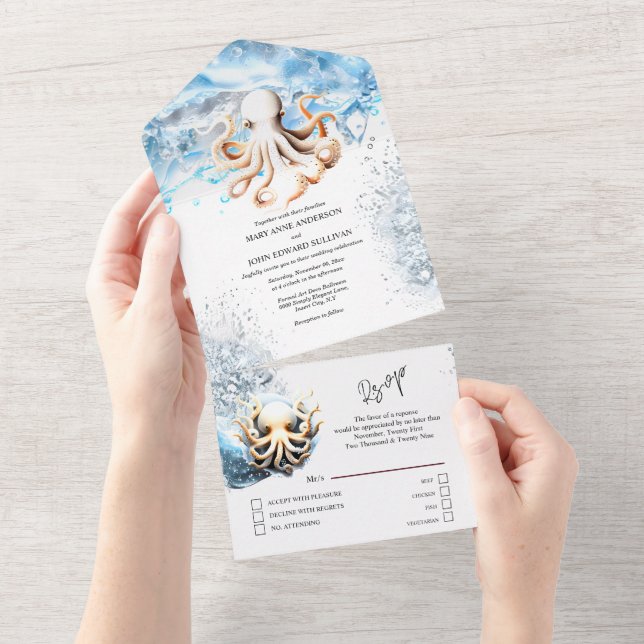 Octopus ocean waves blue white beach coastal sea  all in one invitation (Tearaway)