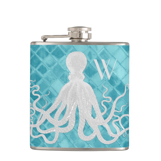 Octopus on Aqua Sea Glass Monogram Hip Flask (Front)