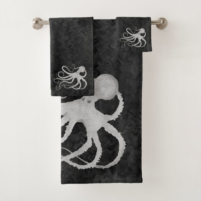 Octopus on Dark Grey - Bathroom Towel Set (Insitu)