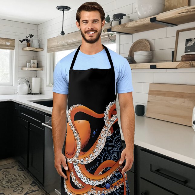 Octopus Orange Mandala Blue Apron (Creator Uploaded)