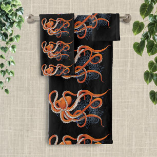 Octopus Orange Mandala Blue Bath Towel Set