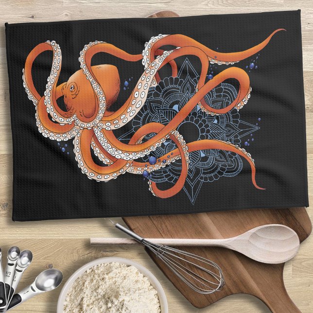 Octopus Orange Mandala Blue Tea Towel (Creator Uploaded)