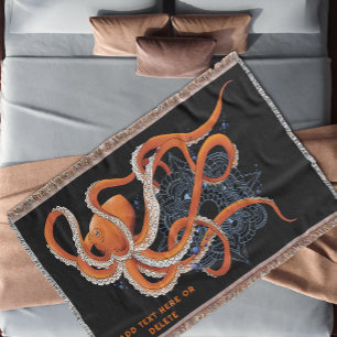 Octopus Orange Mandala Blue Throw Blanket