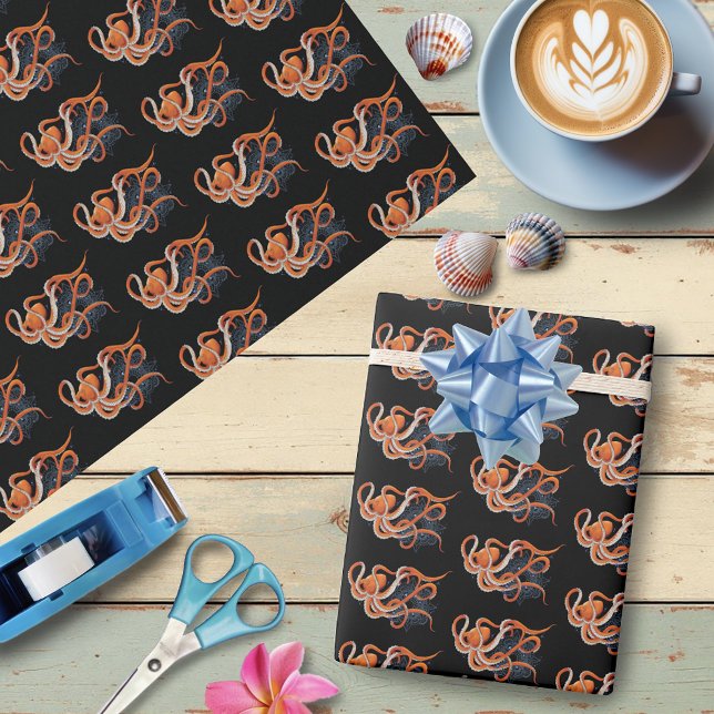 Octopus Orange Mandala Blue Wrapping Paper (Creator Uploaded)