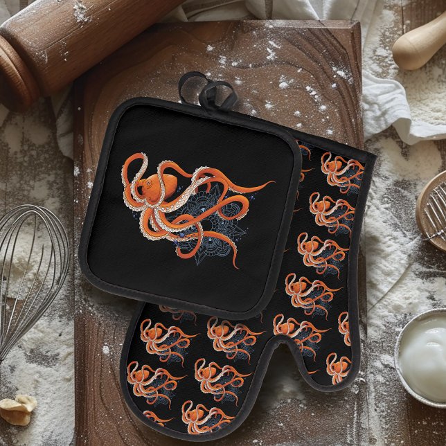 Octopus Orange Mandalla Blue Oven Mitt & Pot Holder Set (Creator Uploaded)