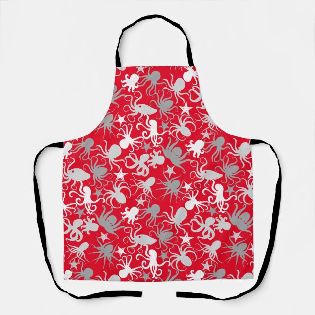 Octopus Pattern.b Red BG Apron (Front)