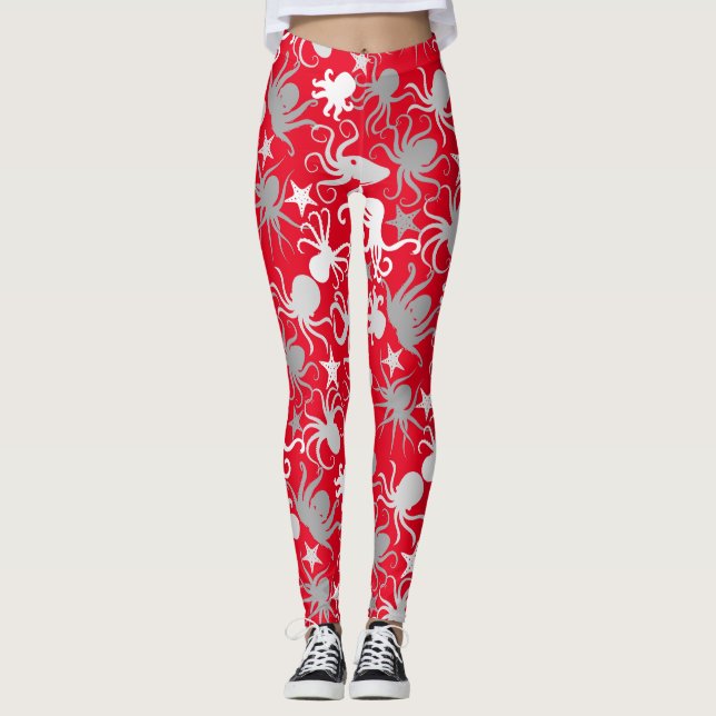 Octopus Pattern.b Red BG Leggings (Front)