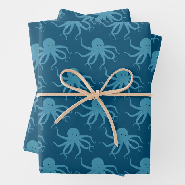 Octopus Pattern Blue Animal Wrapping Paper Sheet (In situ)