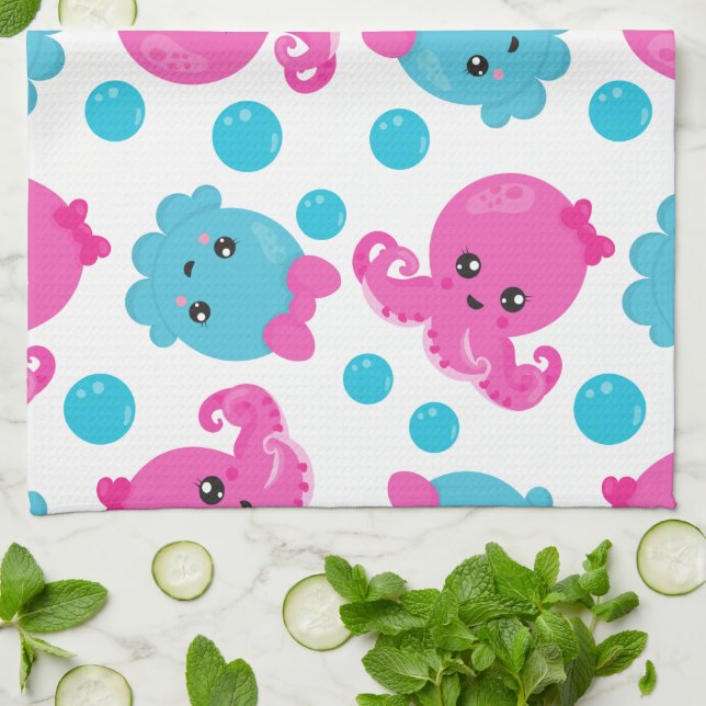 Octopus Pattern, Cute Octopus, Sea Animals Tea Towel (Folded)