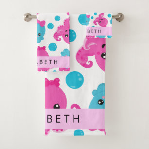 Octopus Pattern, Cute Octopus, Sea, Your Name Bath Towel Set