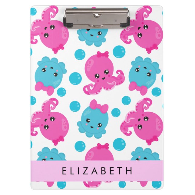 Octopus Pattern, Cute Octopus, Sea, Your Name Clipboard (Front)
