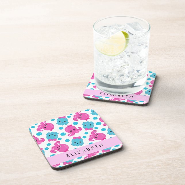 Octopus Pattern, Cute Octopus, Sea, Your Name Coaster (Right Side)