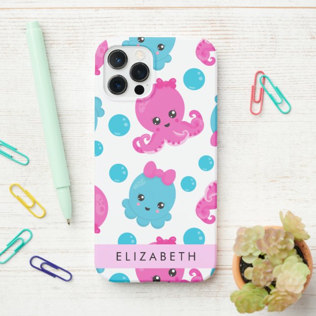 Octopus Pattern, Cute Octopus, Sea, Your Name iPhone Case (On Desk)