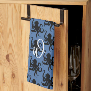 Octopus Pattern Single Initial Dark Blue Tea Towel