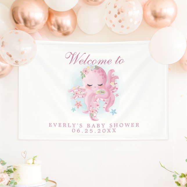 Octopus Pink Watercolor Girl Baby Shower Welcome Banner (Creator Uploaded)
