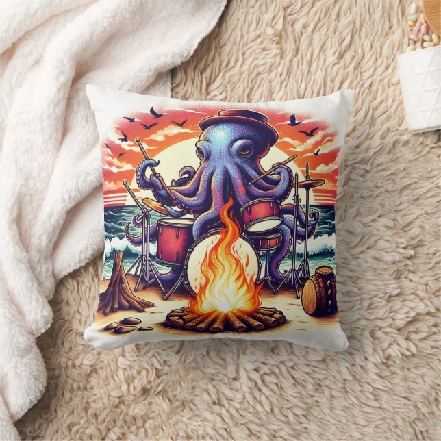 Octopus Playing Drums at Sunset Beach Campfire Cushion (Blanket)