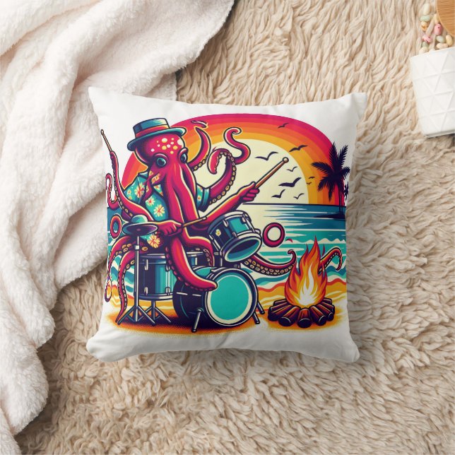 Octopus Playing Drums at Sunset Beach Party Cushion (Blanket)
