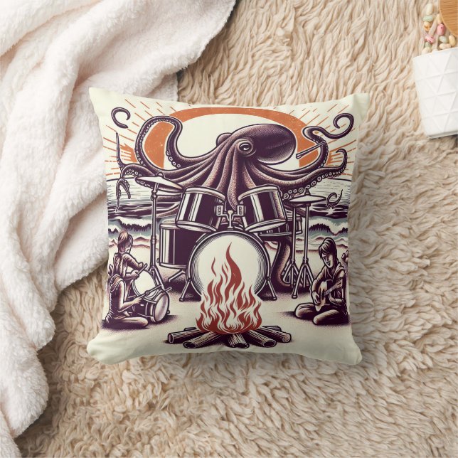 Octopus Playing Drums Beside Beach Campfire Cushion (Blanket)